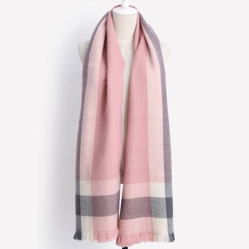 Scarf pink plaid tassel block acrylic long shawl - Picture 3 of 4